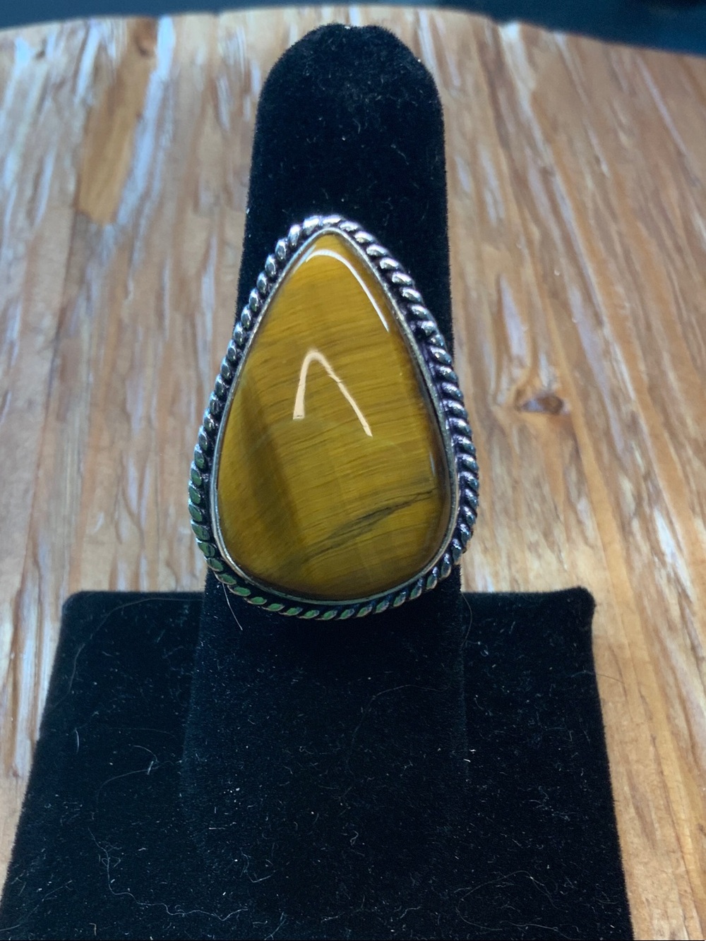 Teardrop Tiger's Eye Silver Underlay Statement Ring - 9